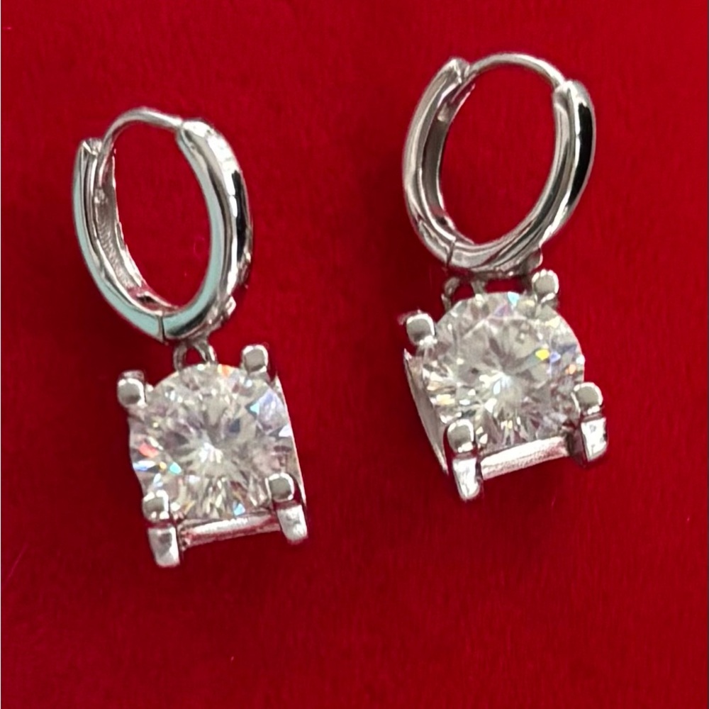 Moissanite Sterling Silver Huggie Drop Earrings 2ct total